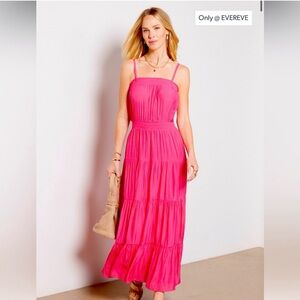 NWT Evereve “Halle” Satin Smocked Tiered Maxi Dress in Raspberry